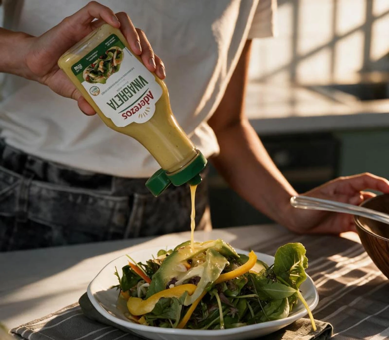 Sirviendo vinagreta original Aderezos en ensalada