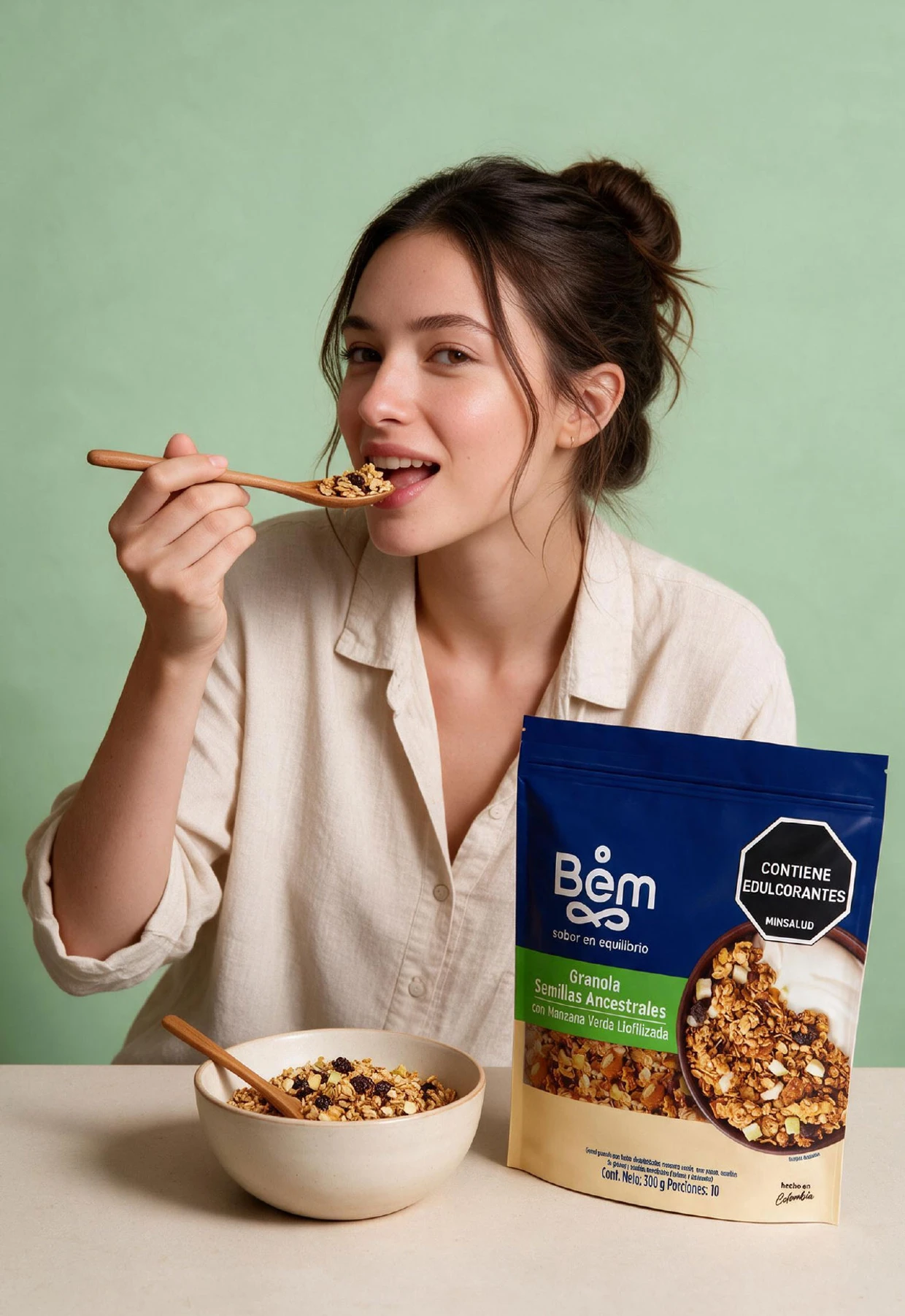 Mujer disfrutando granola ancestral Bem