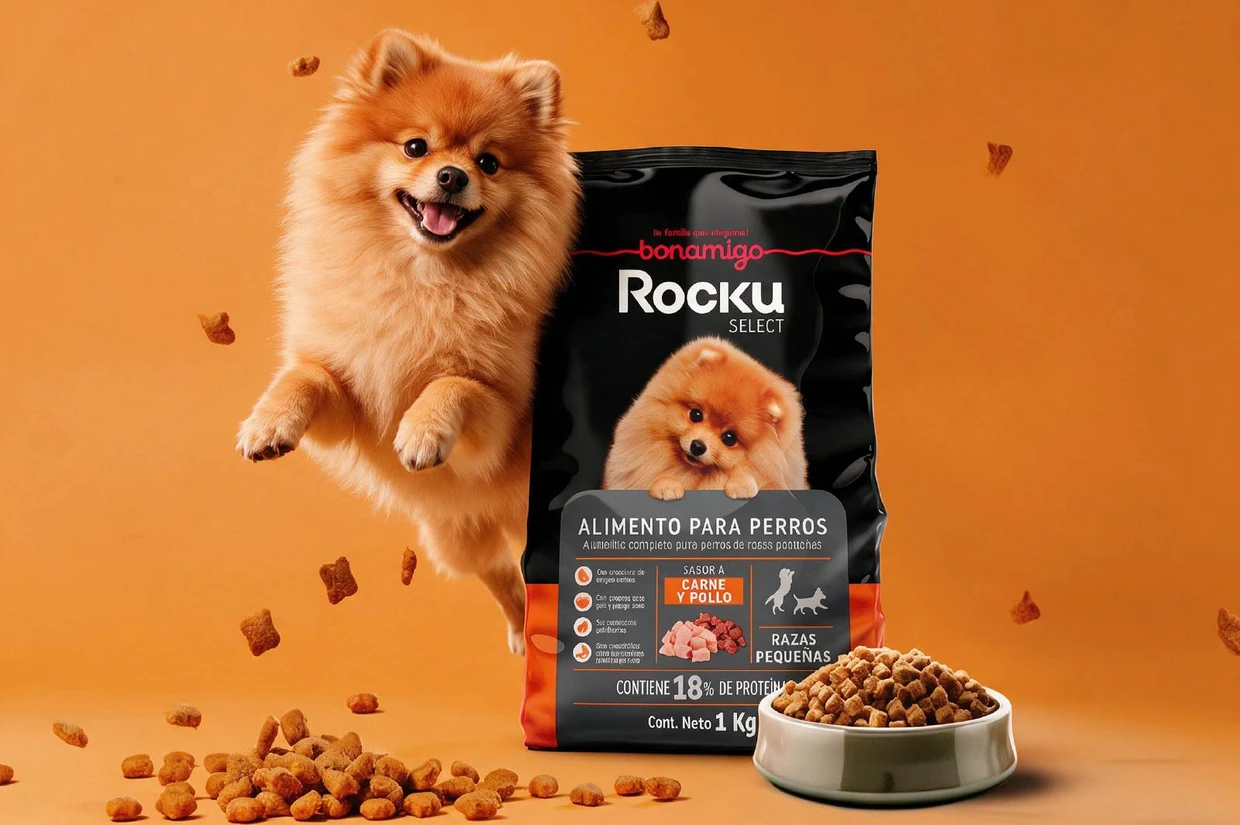 Pomerania con empaque de alimento para perros Rocku Select Bonamigo
