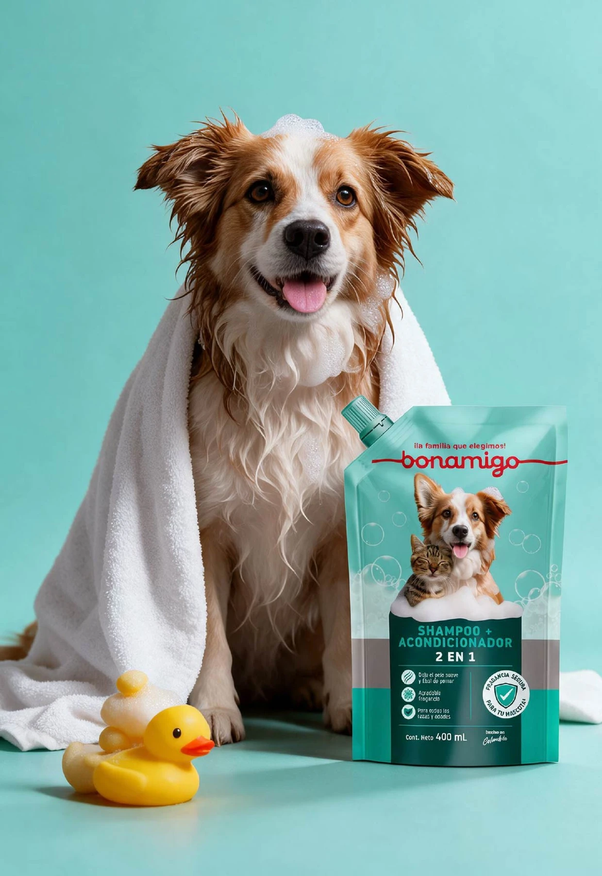 Perro con toalla y shampoo y acondicionador 2 en 1 Bonamigo